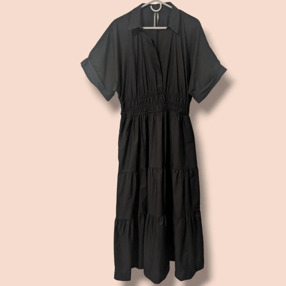 Anthropologie Black Cotton Short Sleeve Tiered A-Line Somerset Maxi Dress LG - Picture 2 of 11